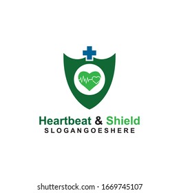 Blindaje, pulso de latido y plantilla de logotipo azul de color cruzado Vector de diseño para empresas médicas, Emblem, concepto de diseño, símbolo creativo, icono