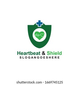 Blindaje, pulso de latido y plantilla de logotipo azul de color cruzado Vector de diseño para empresas médicas, Emblem, concepto de diseño, símbolo creativo, icono