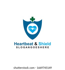 Blindaje, pulso de latido y plantilla de logotipo verde cruzado Vector de diseño para empresas médicas, Emblem, concepto de diseño, símbolo creativo, icono