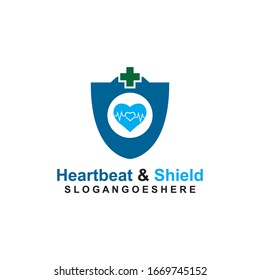 Blindaje, pulso de latido y plantilla de logotipo verde cruzado Vector de diseño para empresas médicas, Emblem, concepto de diseño, símbolo creativo, icono