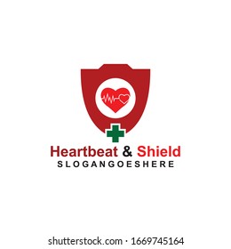 Shield, Heart beat pulse and cross Coloured green Logo Template Design vector for Business medical, Emblem, Design concept, Creative Symbol, Icon