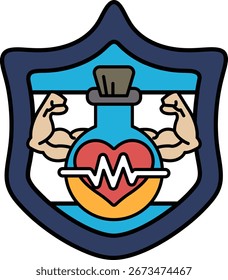 Un escudo con un corazón y una botella. El escudo es blanco y negro. El corazón es rojo y la botella es verde. El escudo está destinado a representar la protección y la fuerza