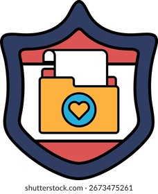 Um escudo com um coração e uma pasta de arquivos nele. O escudo é preto e branco