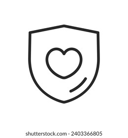 Shield with Heart Icon - Linear Vector Pictogram for Secure Love Symbol, Protective Affection Sign, Safety and Romance Combined. Contraceptives and Condoms, Birth Control Concept.