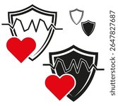 Shield heart icons. Medical love symbols. Black and red elements. Vector emblem shapes.