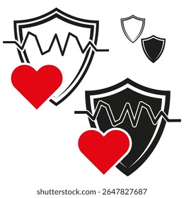 Shield heart icons. Medical love symbols. Black and red elements. Vector emblem shapes.