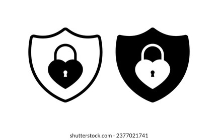 Shield with a heart lock. Silhouette, black, heart lock inside the shield, access settings. Vector icons