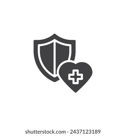 Escudo con corazón e icono de vector cruzado médico. signo plano relleno para concepto móvil y diseño web. Icono de glifo de Seguro de salud. Símbolo, ilustración del logotipo. Gráficos vectoriales