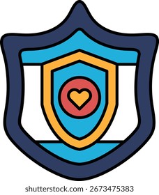 A shield with a heart on it. The shield is black and white. The heart is red