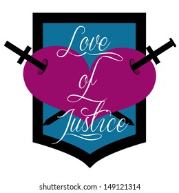 shield of a heart pierced by two swords together with text