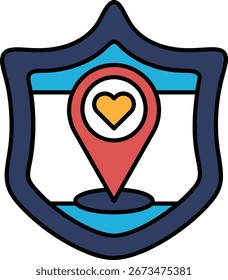 Un escudo con un corazón y un alfiler rojo que apunta a una ubicación. El escudo es azul y blanco