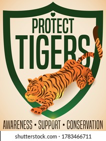 Shield with heart shape promoting tigers protection and raising awareness, support and conservation of this big and endangered felines.
