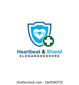 Escudo, pulso de latido y plantilla de logotipo verde cruzado Vector de diseño para empresas médicas, Emblem, concepto de diseño, símbolo creativo, icono