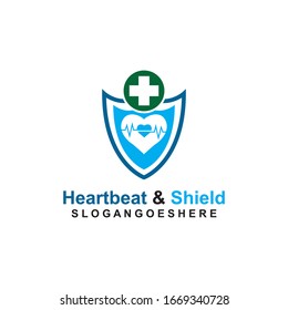 Shield, Heartbeat pulse and cross Coloured Green Logo Template Design vector for Business medical, Emblem, Design concept, Creative Symbol, Icon
