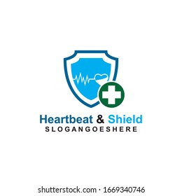 Escudo, pulso de latido y plantilla de logotipo verde cruzado Vector de diseño para empresas médicas, Emblem, concepto de diseño, símbolo creativo, icono
