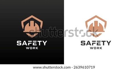 Shield and helmet logos. Safety worker icon for construction services.