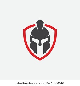shield and helmet of the Spartan warrior symbol, emblem. Spartan helmet logo, vector illustration of spartan shield and helm, Spartan Greek gladiator helmet armor flat vector icon