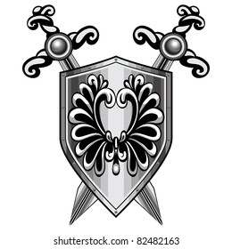 Shield, heraldry. The two crossed swords. Red background.