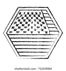 shield in hexagon shape with flag united states of america monochrome blurred silhouette on white background vector illustration
