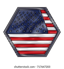 shield in hexagon shape with flag united states of america in colored crayon silhouette vector illustration