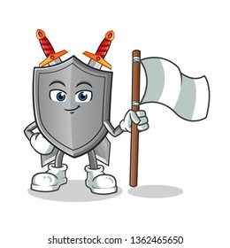 shield holding flag mascot vector cartoon illustration