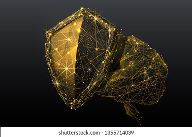 Shield and human brain. Low poly abstract wireframe vector concept. Mind propaganda Protection. Gold color like as starry sky on dark background. Safe and security of thoughts. Digital polygonal art.