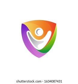 Shield human combination logo concept, childcare icon, people care and protection logo vector