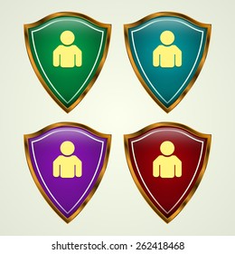 Shield with the human silhouette. Vector illustration.