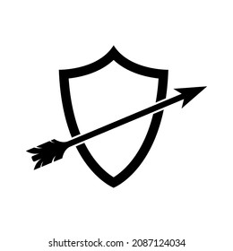 Shield with hunter arrow. Black conceptual icon. Vector illustration. Safety sign isolated