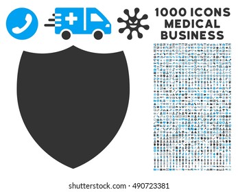Shield icon with 1000 medical commercial gray and blue vector pictographs. Design style is flat bicolor symbols, white background.