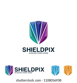Shield icon. Abstract colorful shield shape with gem stone icon. Colorful gem stone cartoon vector template. Isolated on white background
