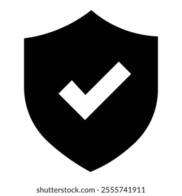 Shield icon, black background, white checkmark, security symbol, minimalist design, high contrast, vector graphic, protection emblem, verification mark, safety concept, simple illustration.