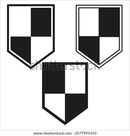 Shield icon. Black and white emblem. Simple heraldic vector. Symmetrical checkered shape.