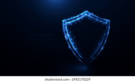 A shield icon a blue security technology icon. Shield protection icon. Data network security. Glowing wireframe, linear, line and mesh illustration vector