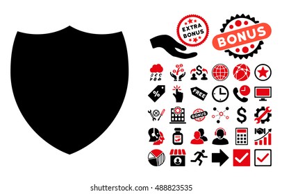 Shield icon with bonus pictogram. Vector illustration style is flat iconic bicolor symbols, intensive red and black colors, white background.