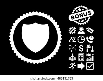 Shield icon with bonus pictures. Vector illustration style is flat iconic symbols, white color, black background.