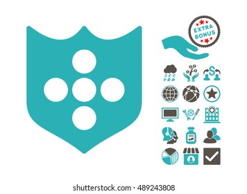 Shield icon with bonus symbols. Vector illustration style is flat iconic bicolor symbols, grey and cyan colors, white background.