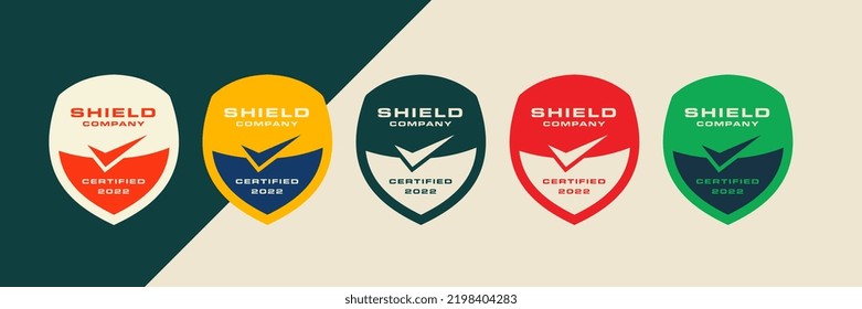 Shield icon certified with checklist shape. Retro concept logo mark. Vector guarantee retail design.