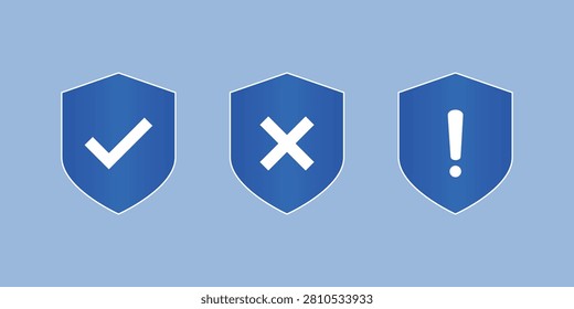 Shield Icon with check and cross marks and exclamation marks.  safety protection and danger warnings.  Accepted and unaccepted security