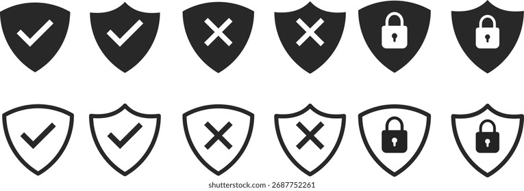 shield icon with check mark, cross mark and locked symbol. Check, cross mark and lock icons with protection security shield icons