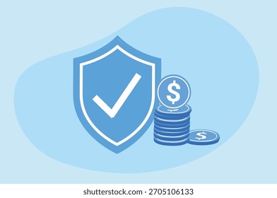 Ícone de escudo com uma marca de verificação com moedas de dólar. Segurança financeira, segurança, seguro, proteção, estabilidade, garantia, aprovação, conceito de investimento