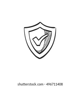 Shield icon with check mark in doodle sketch lines. Protection guard safety