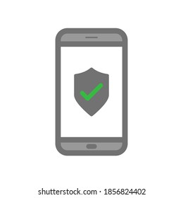 Shield icon with check mark on smartphone screen. Vector icon of antivirus symbol on smartphone screen. Simple icon to protect your smartphone from hacker attacks.