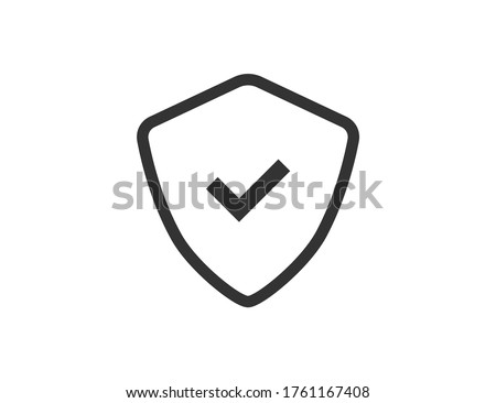 Shield icon with check mark. Protection emblem. Isolated security sign. Privacy outline illustration. Black secure icon. Checkmark inside defence shield. Antivirus sign. Vector EPS 10.