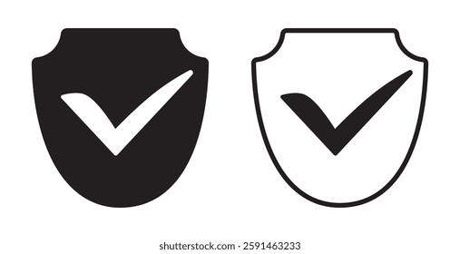 Shield icon with a check mark. A set of black and white safety shield icons. Safety shield protection symbol. A sign of safety, protection, or approval. EPS 10. Vector illustration