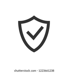 Shield icon with check mark in thick outline style. Black and white monochrome vector illustration.