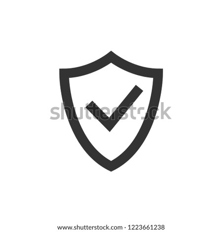 Shield icon with check mark in thick outline style. Black and white monochrome vector illustration.