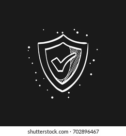 Shield icon with checkmark in doodle sketch lines. Protection guard safety
