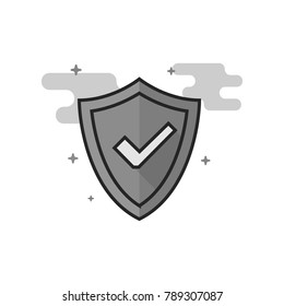 Shield icon with checkmark in flat outlined grayscale style. Vector illustration.
