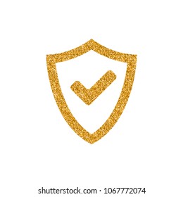 Shield icon with checkmark in gold glitter texture. Sparkle luxury style vector illustration.